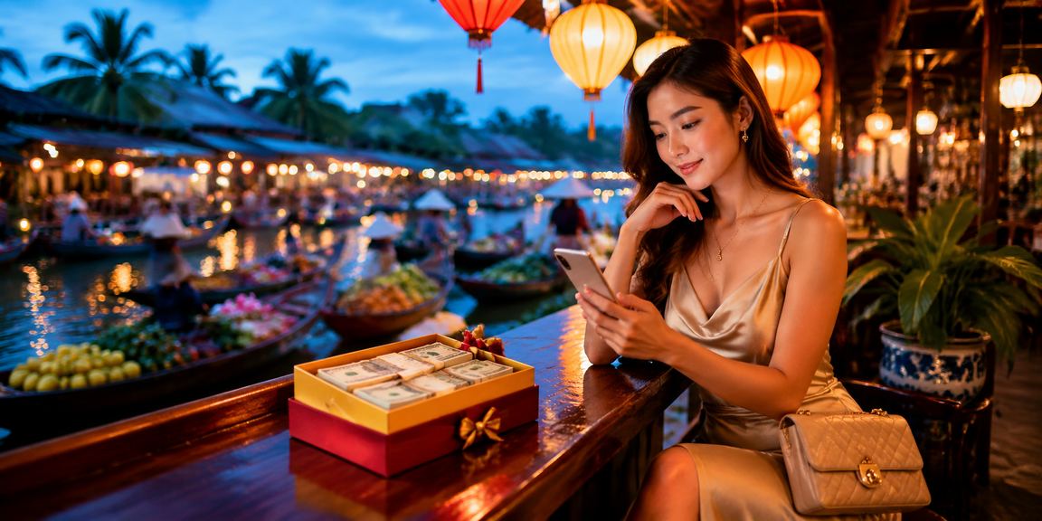 Người chơi trải nghiệm casino trực tuyến trên điện thoại tại Hội An về đêm