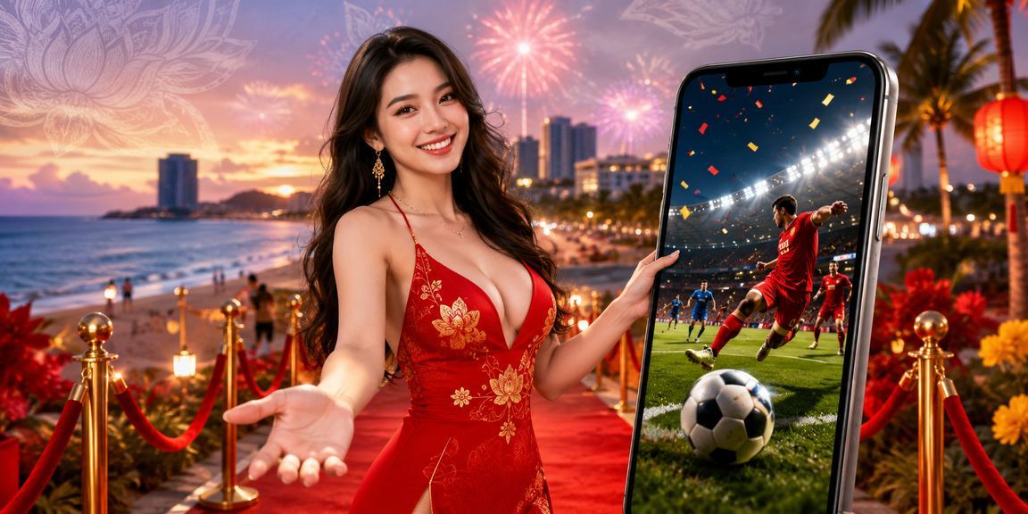 Người dùng tại bãi biển Vũng Tàu dùng điện thoại tra cứu kết quả xổ số và thông tin giải trí online